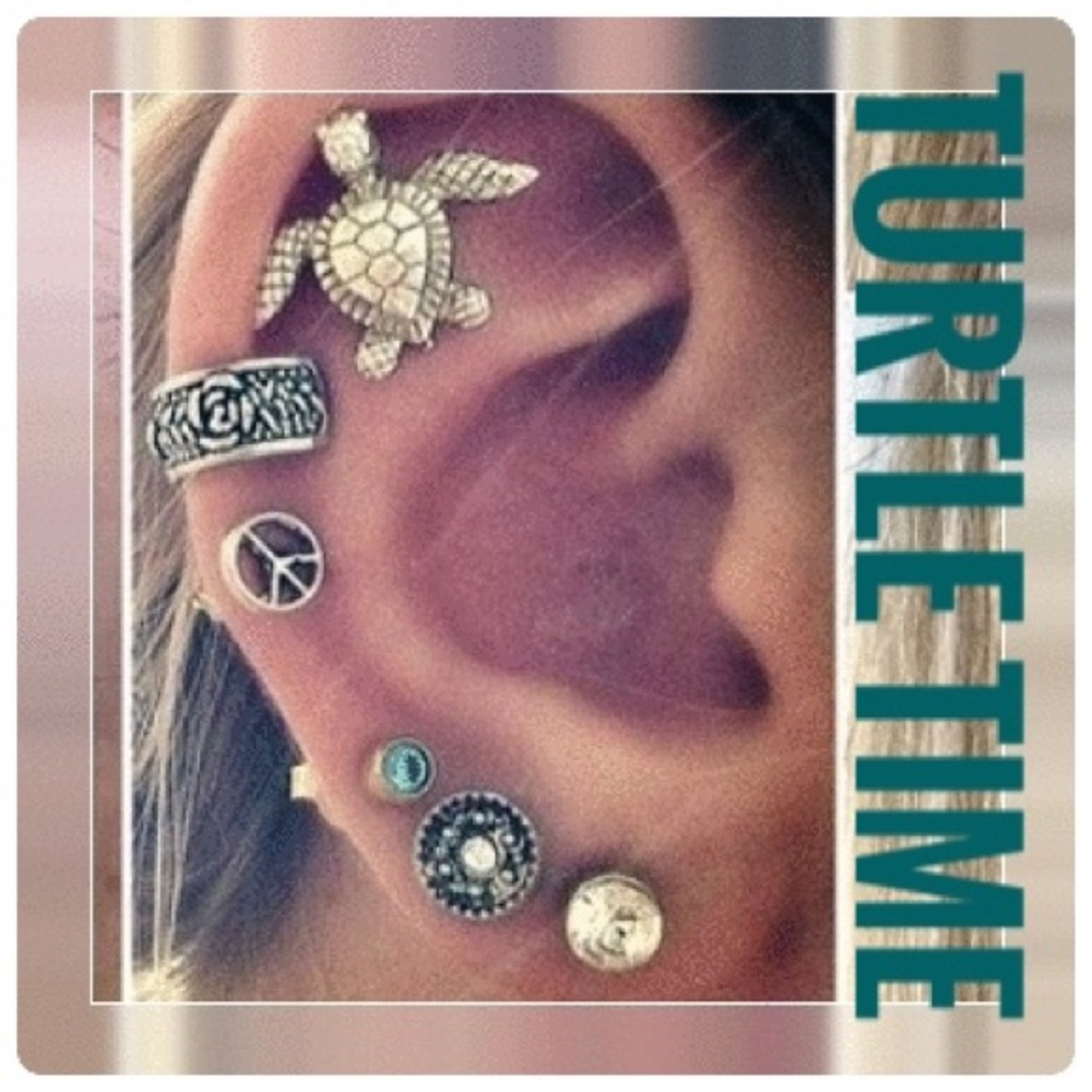 Beach Sea Turtle & Antique Gypsy Silver Toned Pierced Earrings & Ear Cuff Set